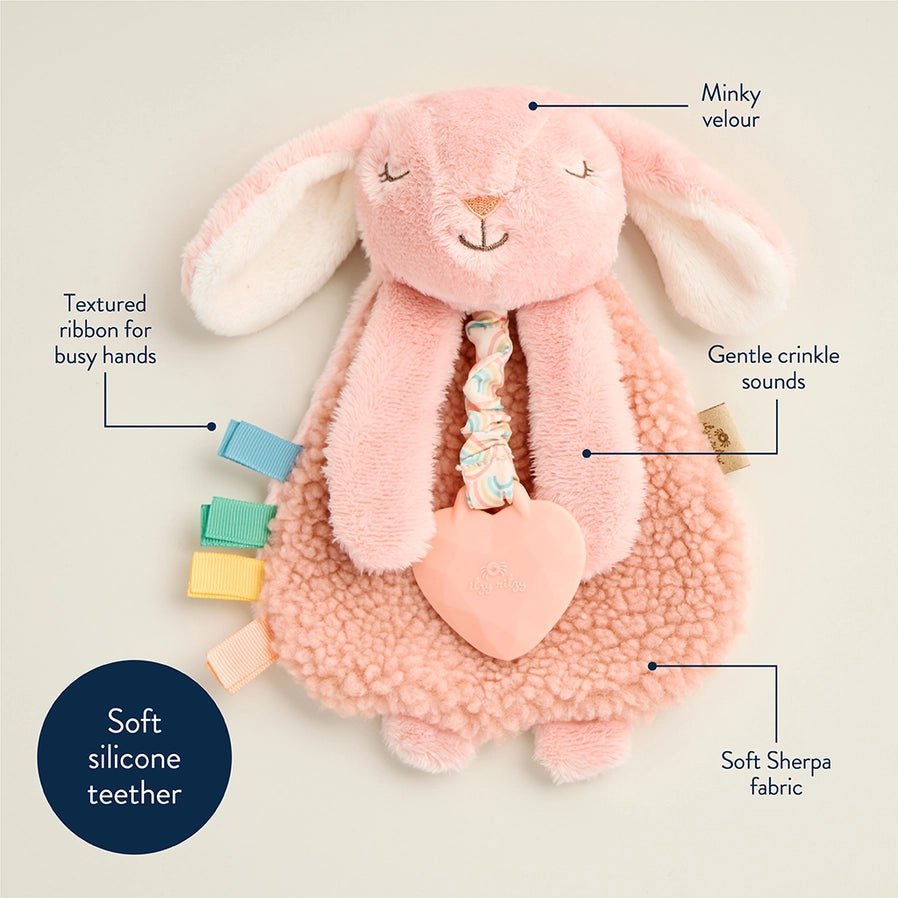 Itzy Friends Lovey Bunny Teether Plush in pink details - textured ribbons, crinkle sounds, soft sherpa fabric, silicone teether - Little Gift Nook