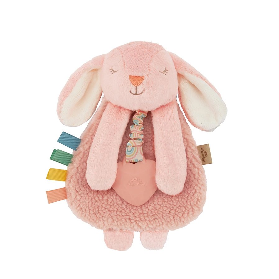 Itzy Friends Lovey Bunny Teether Plush in pink - soft lovey toy with silicone teether attached - Little Gift Nook