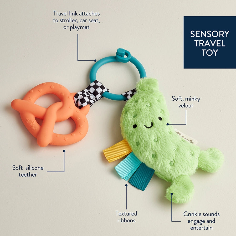 itzy Pal Parker the Pickle Teether Toy - soft plush green pickle and silicone pretzel teether - crinkle sounds and attaches to car seat or stroller - Little Gift Nook