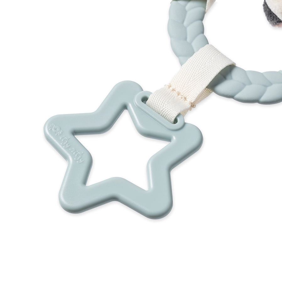 Close up of Itzy Ritzy Busy Ring Farm Teething Toy with silicone star eether ring- Little Gift Nook