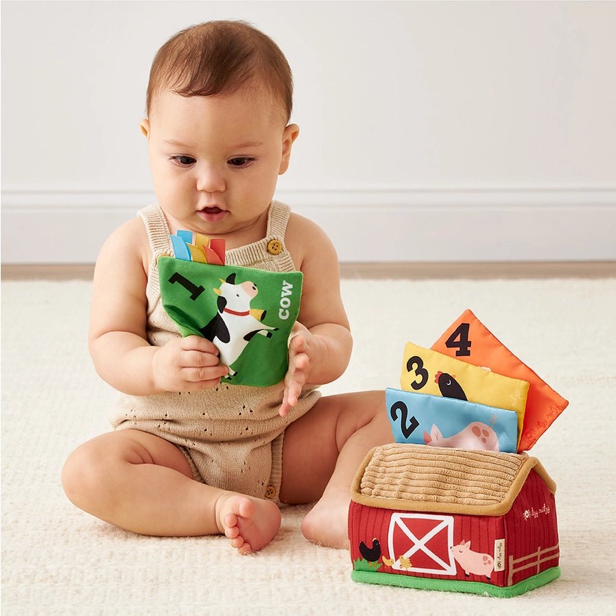 Baby playing with Itzy Sensory Scarves Barnyard Toy for baby - pulling scarves in and out of barn - Little Gift Nook