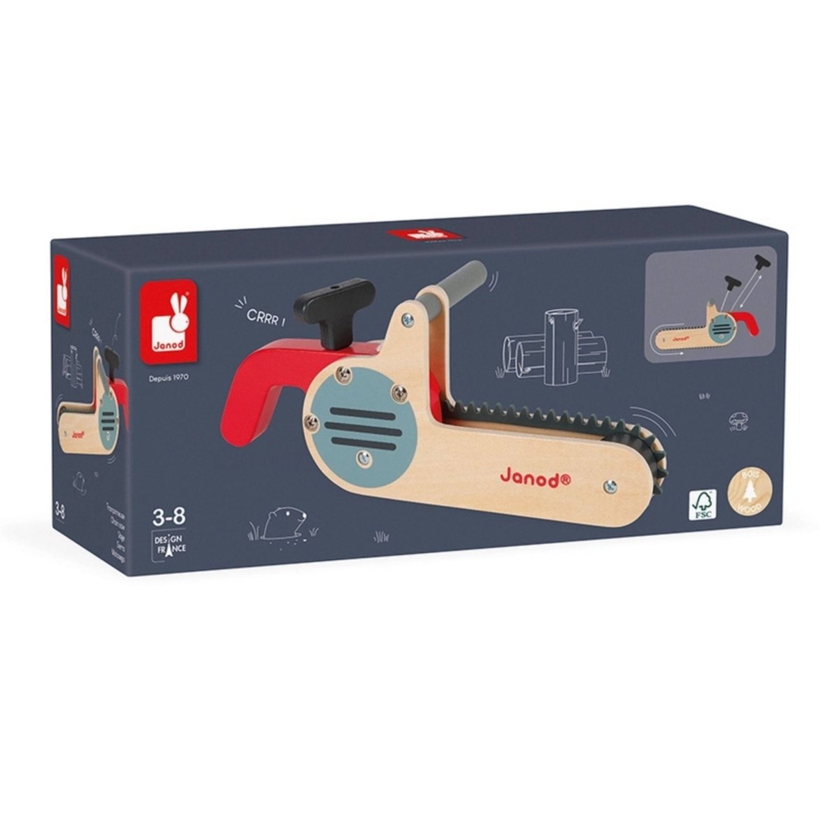 Janod wooden child chainsaw toy in package box on a white background.