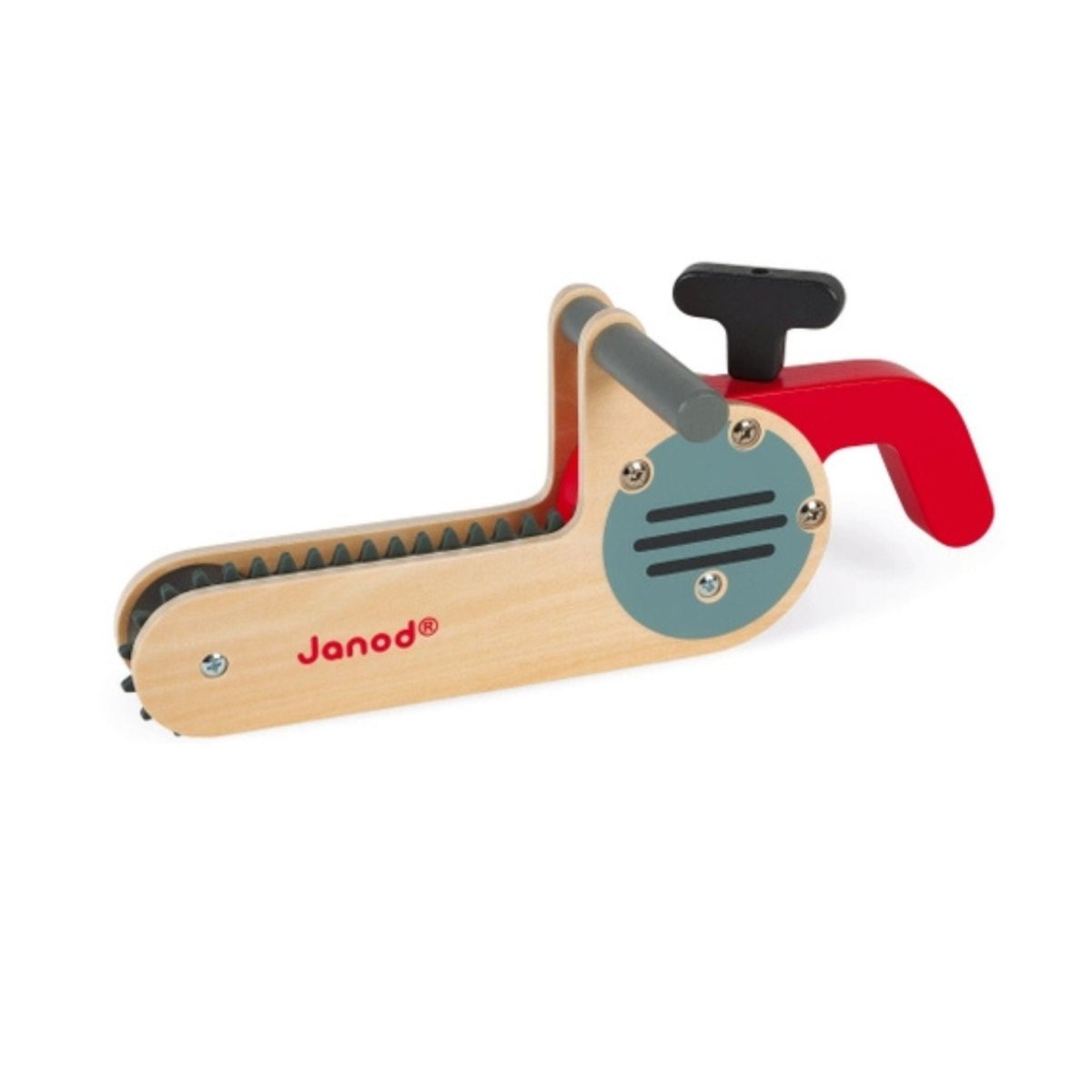 Wooden toy chainsaw by Janod sitting on white background.