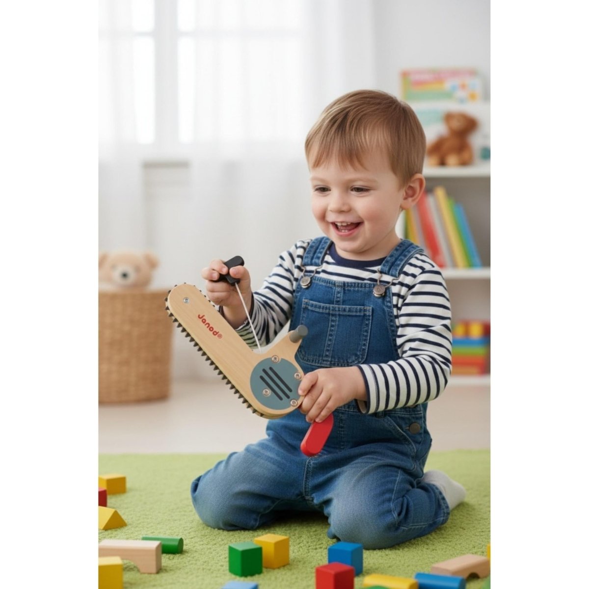 Child playing with Janod wooden toy chainsaw on carpet with other toys. Little Gift Nook.