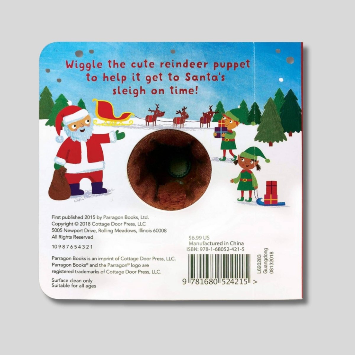 Back cover of Jingle Jingle Little Reindeer mini puppet board book.