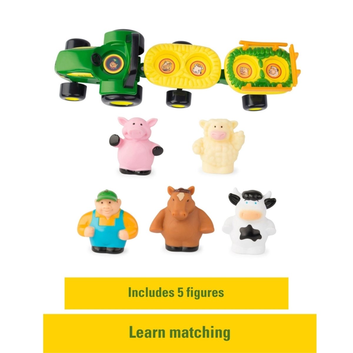 John Deere musical hayride tractor toy with 4 animals and farmer that fit on vehicle.