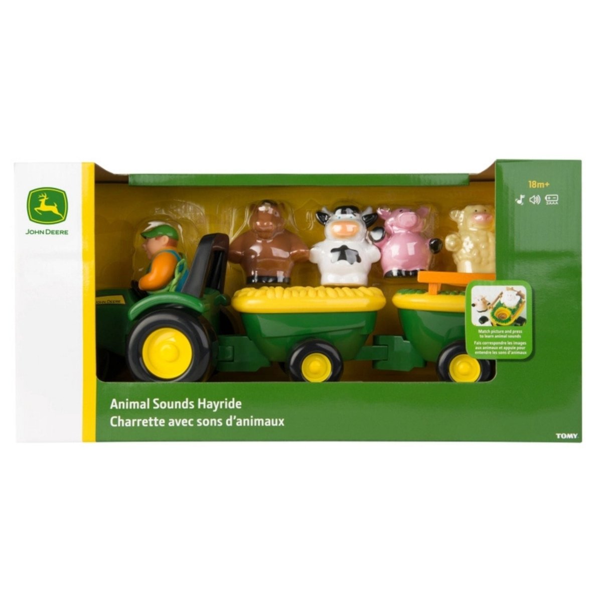 John Deere Animal Sounds Hayride toy with farmer and 4 animals in box sitting on white background.