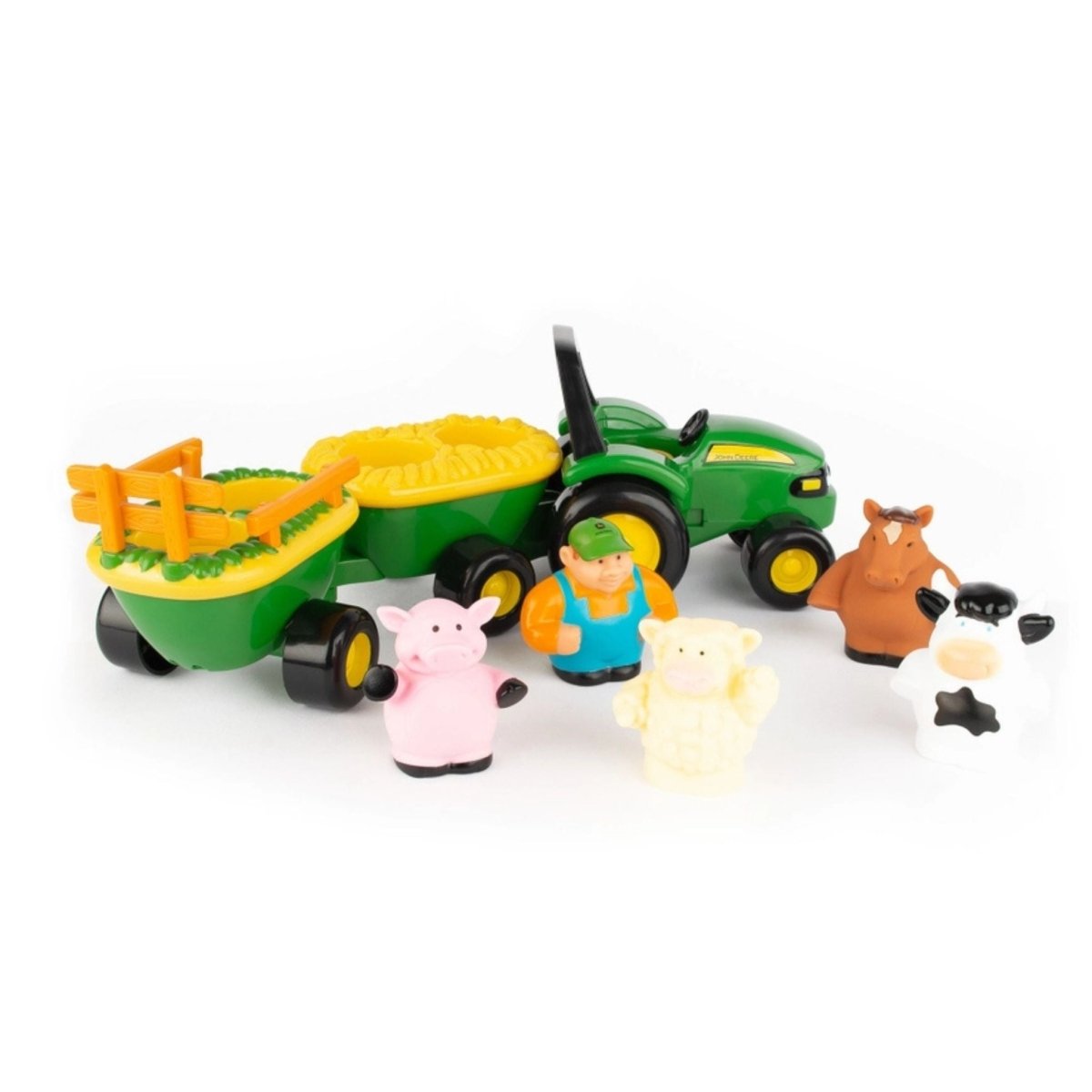 TOMY John Deere Animal sounds musical hayride playset on white background.