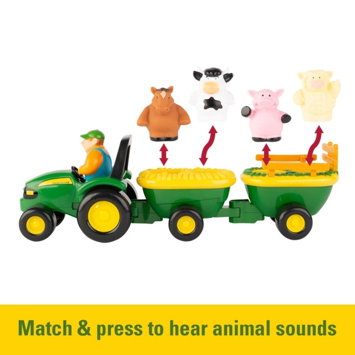 John Deere animals sounds tractor heyride toy with plastic farmer and 4 animals with seats in the tractor.