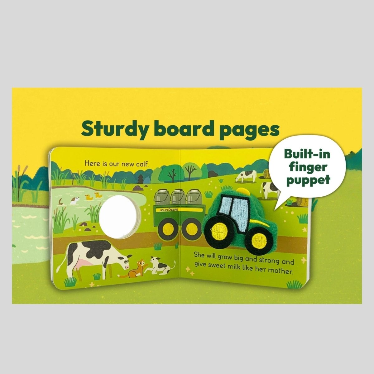 Sturdy pages of mini John Deere puppet board book on the farm with animals and puppet tractor.
