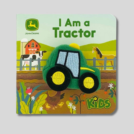 Mini John Deere puppet I am a Tractor board book with little green tractor puppet. Book sitting on light gray background.