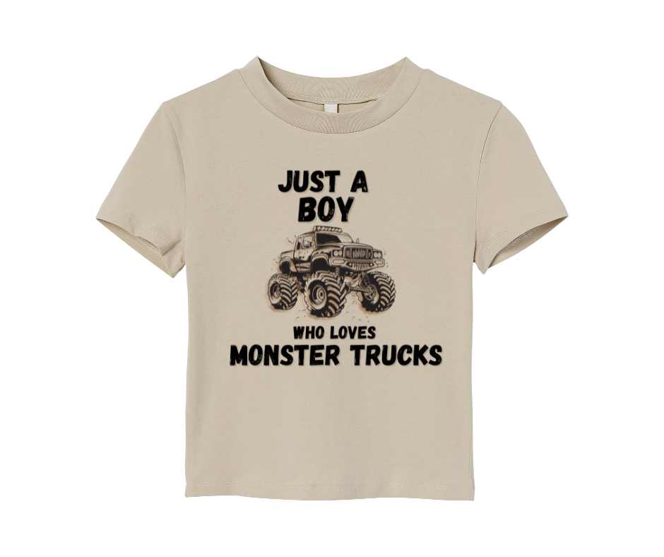 Beige t-shirt with black text and monster truck graphic. "Just a boy who loves Monster Trucks".
