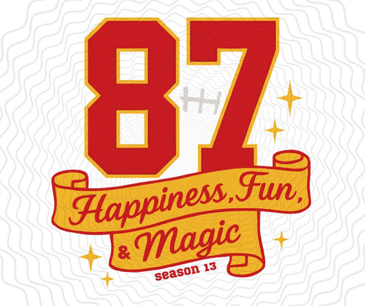 Red and yellow text with '87 Happiness, Fun, Magic Season 13' digital KC Football image with watermark. Little Gift Nook