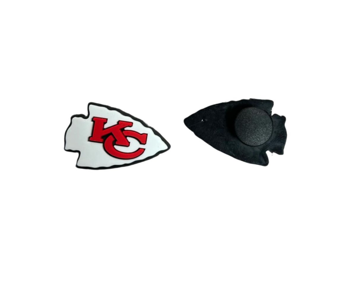 white red KC Chiefs shoe charm front and back on white background.