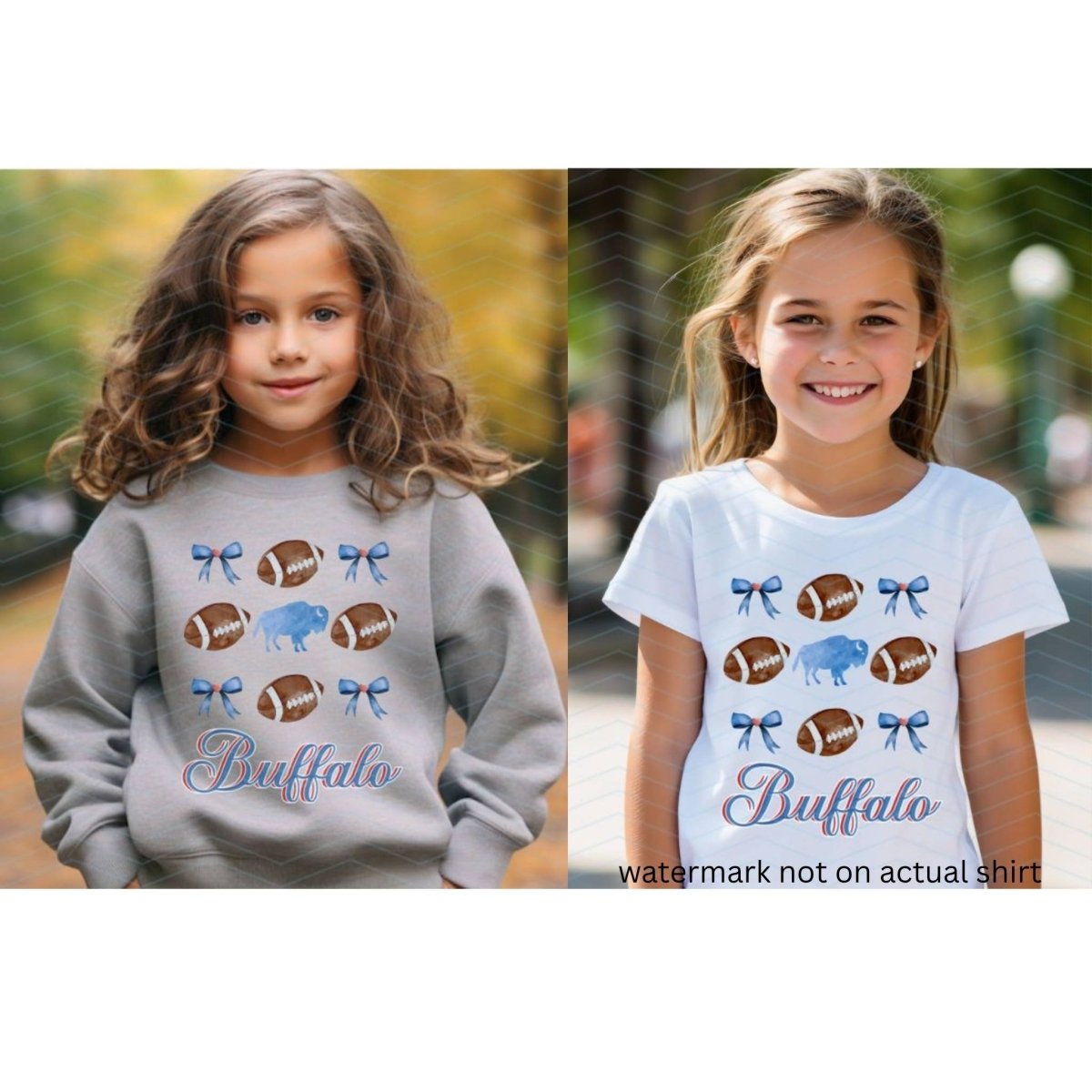 little girls wearing heather gray swatshirt or white tshirt with blue bows, buffalo, and brown footballs with the text "Buffalo"in blue and red cursive  below image on fronts. Little Gift Nook