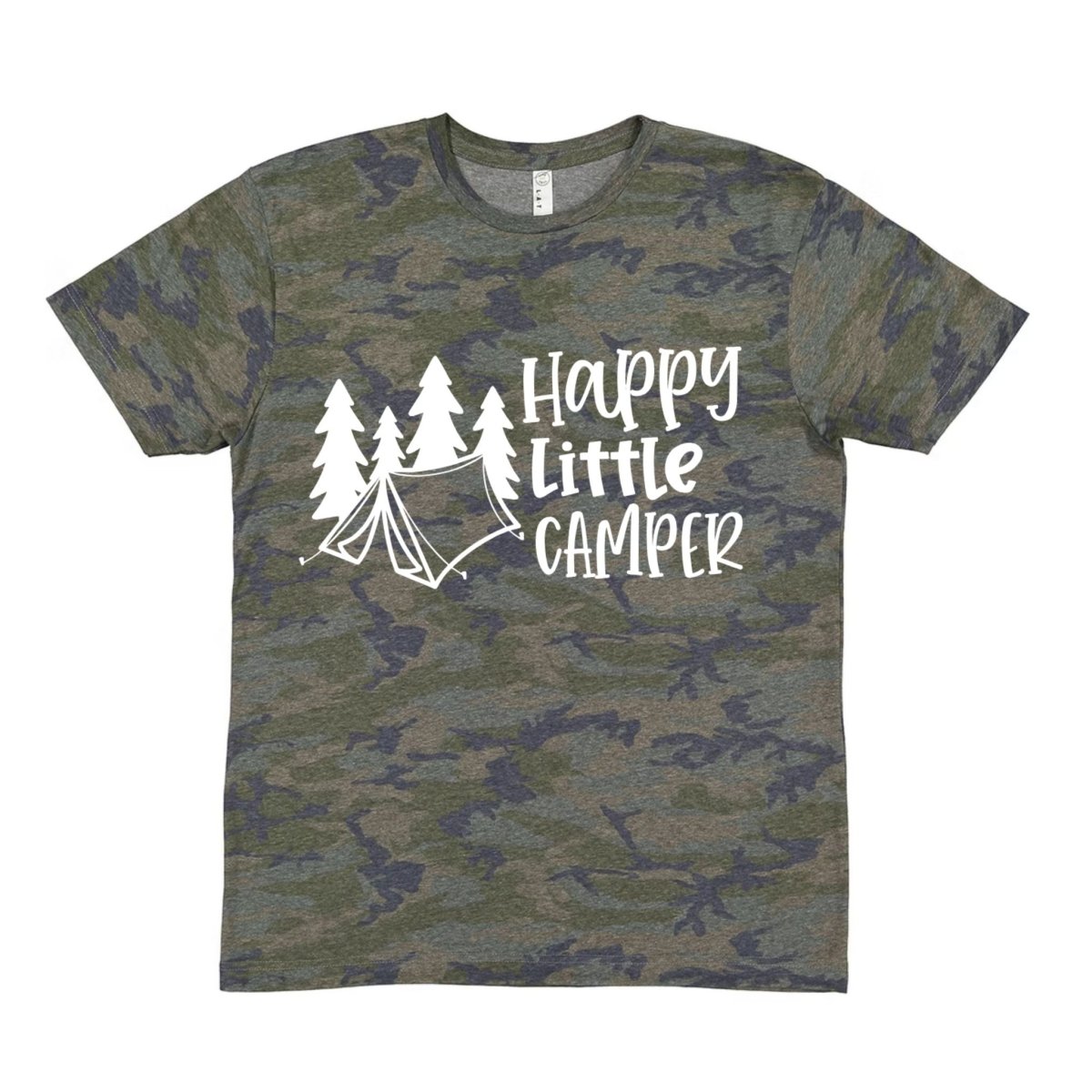 Camo “Happy Little Camper” Toddler T-Shirt - green navy camo print shirt with white lettering, tent, and trees on front - Little Gift Nook