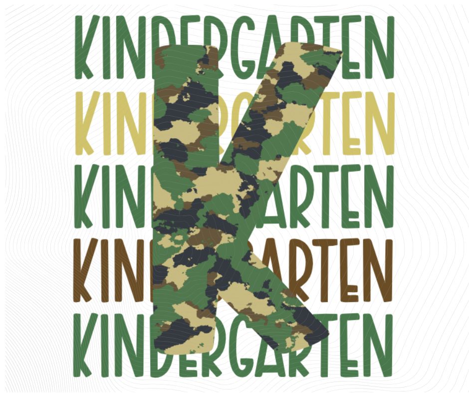 Camouflage letter 'K' with 'Kindergarten' text in green tan and brown with watermark on white background.