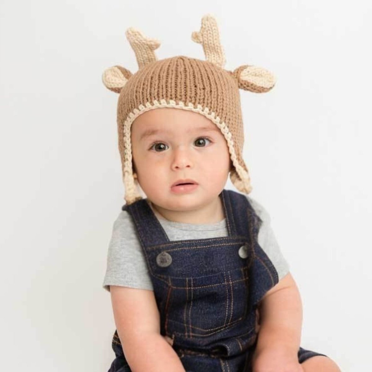 baby wearing tan brown knit buck deer hat with antlers - Little Gift Nook