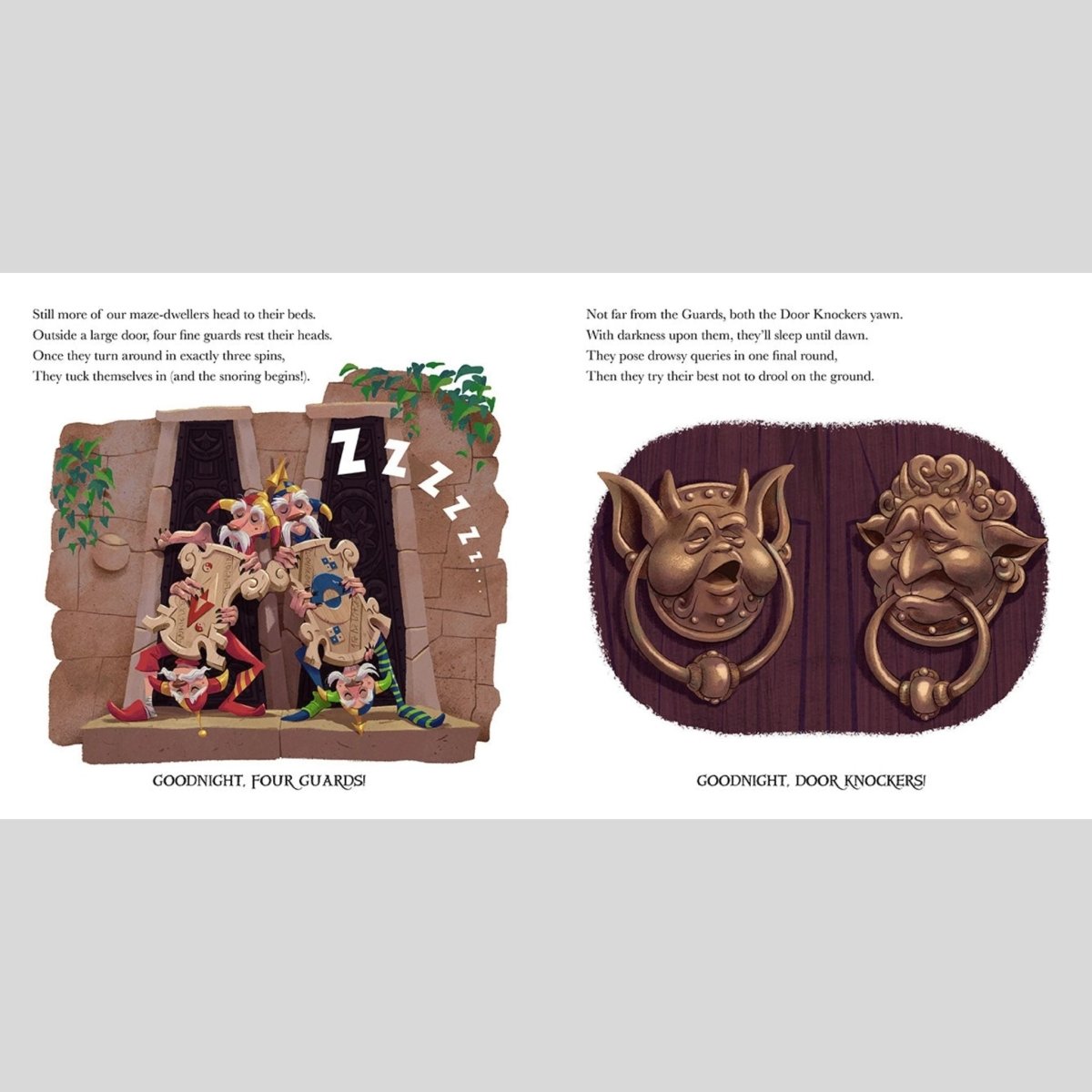 Labyrinth story book Illustration of door knockers and sleeping guards with text on a white background