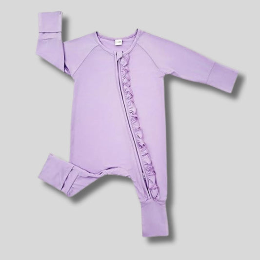lavender purple ruffle bamboo baby sleeper with ruffle down front on gray background. Little Gift Nook