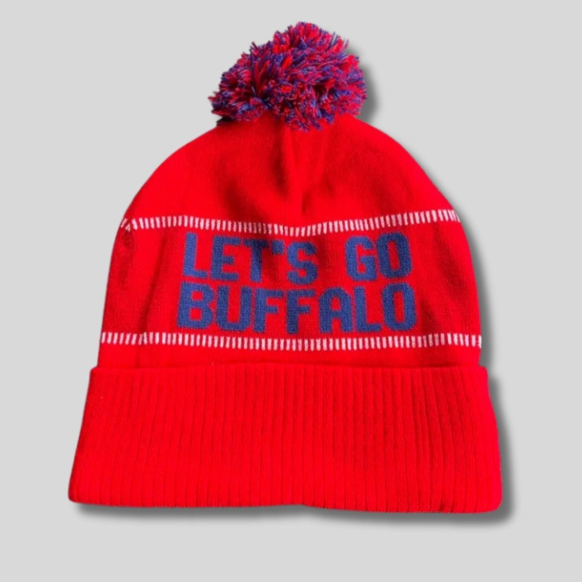 Let’s Go Buffalo red knit Adult Winter Hat. Red woven knit hat with blue LET'S GO BUFFALO on front and red blue pom on top. - Little Gift Nook