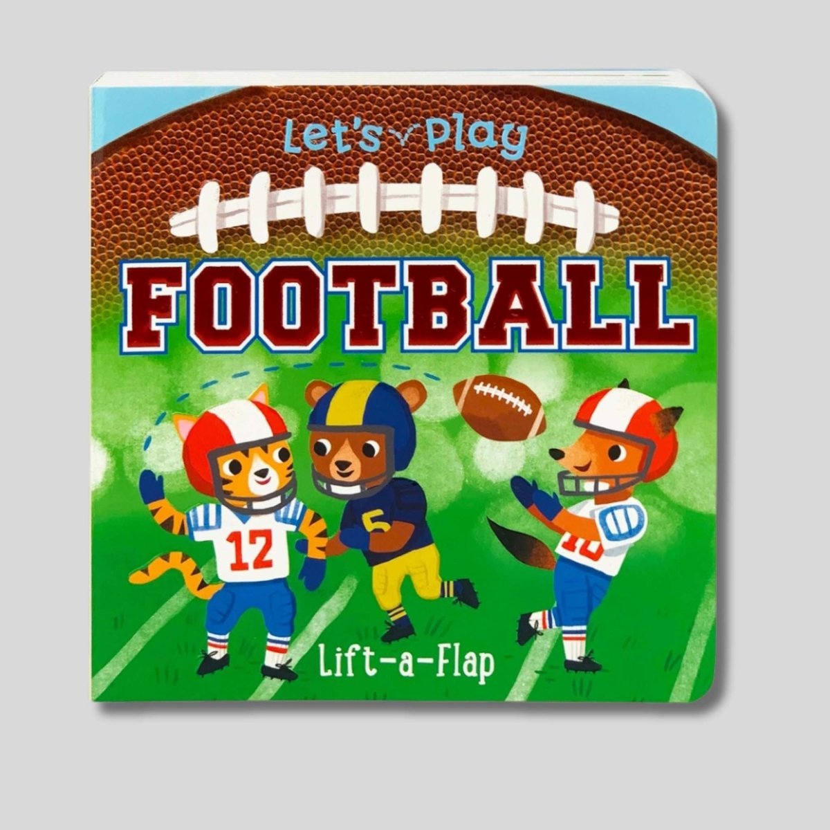 Children's board book titled "Let's Play Football" lift the flap book on light gray background. Little Gift Nook