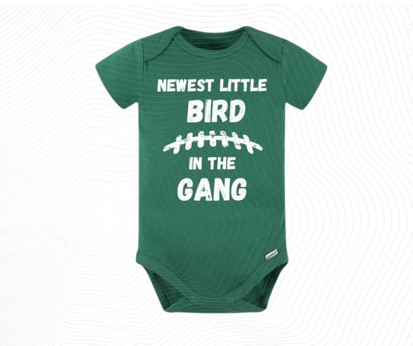 Green baby onesie with 'Newest Little Bird in the Gang' text image download for Philadelphia football.