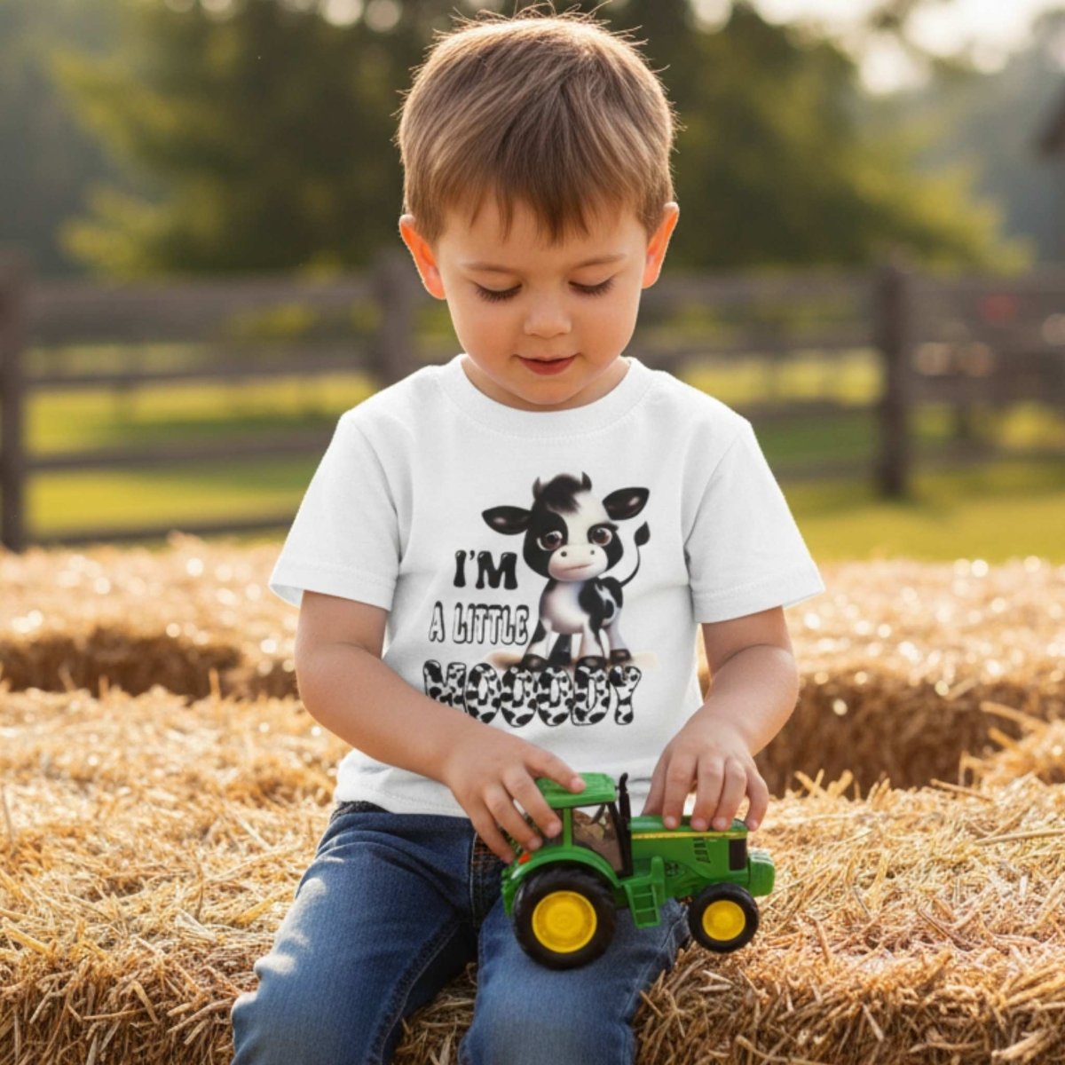 Little boy wearing white cow I'm a Little Mooody shirt sitting on hay with toy tractor. Little Gift Nook