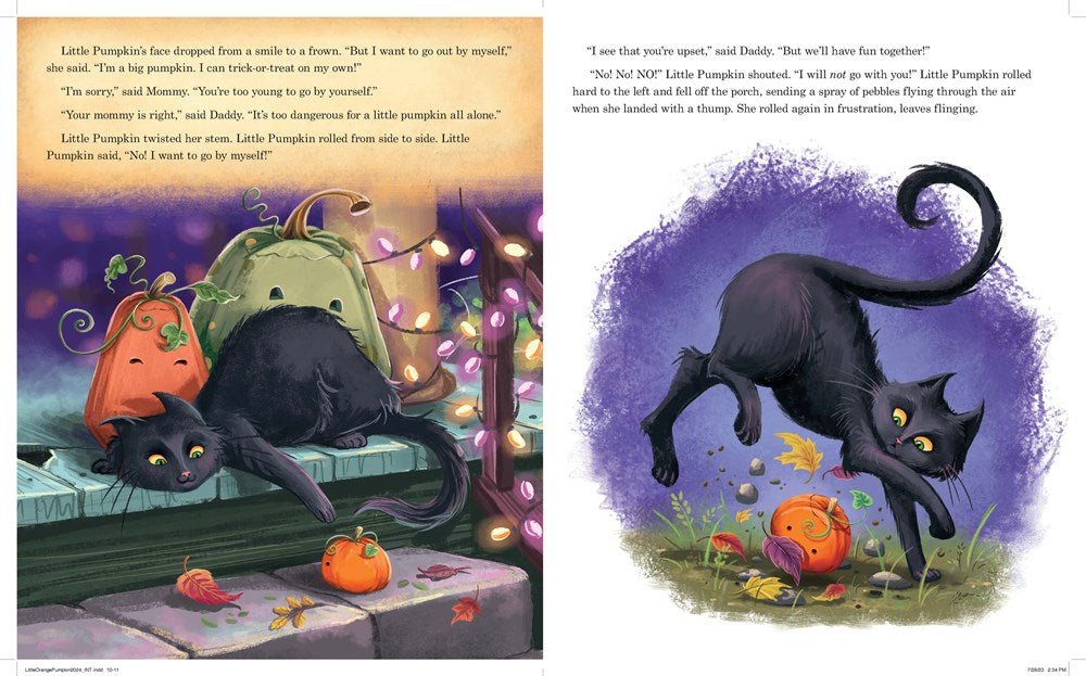 Little Orange Pumpkin hardcover storybook inside pages - black cat and pumpkins.