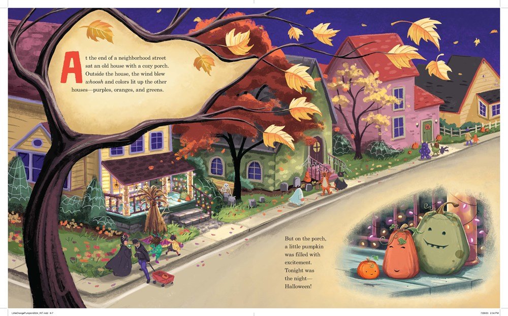 Little Orange Pumpkin hardcover storybook halloween night, trick or treaters, pumpkins, inside book.