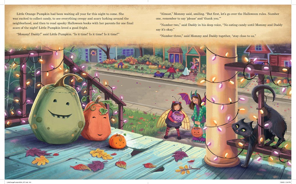 Little Orange Pumpkin hardcover storybook inside pages kids trick or treating and pumpkins on porch.
