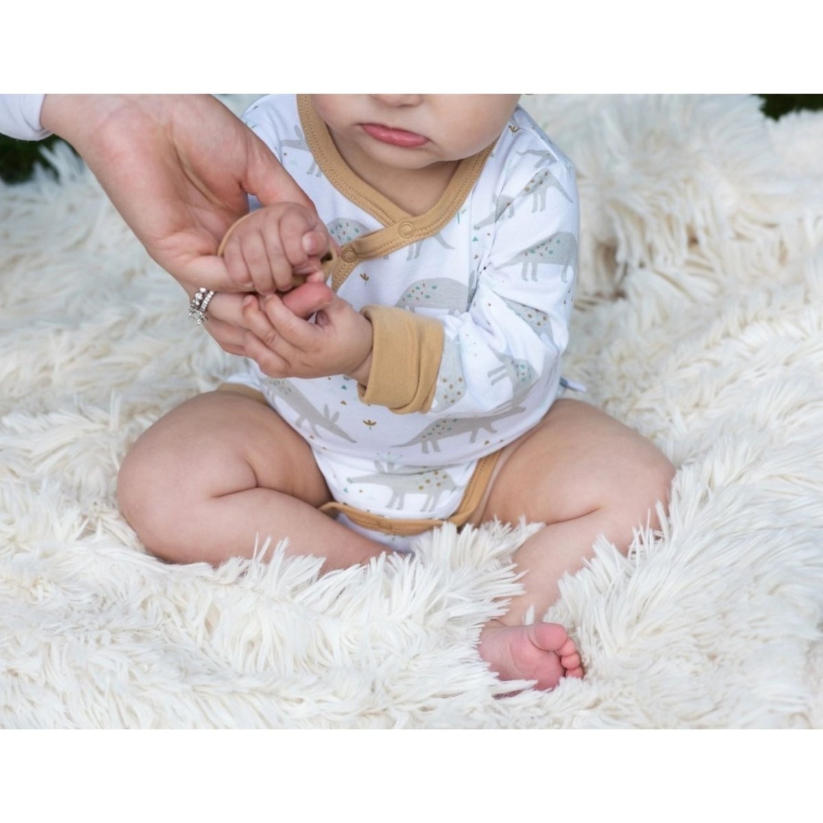 Baby wearing Shoulder Snap Long Sleeved Onesie for Baby- Ari Aardvark print. Cuffed sleeves with double snaps. - Little Gift Nook