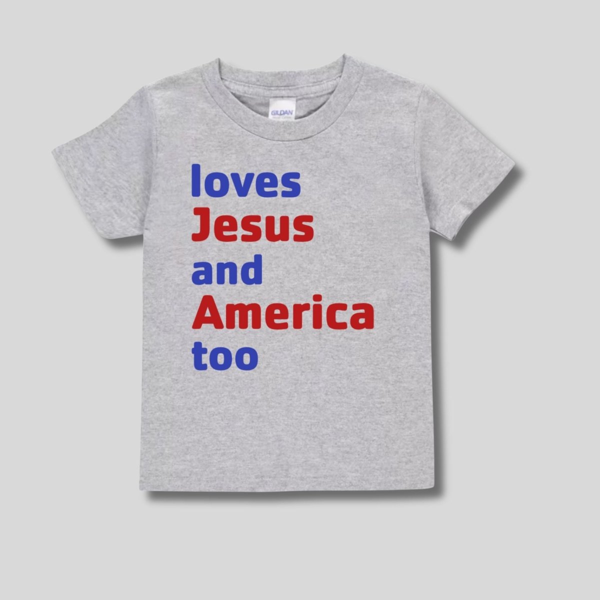 heather gray short sleeved toddler tshirt with navy red lettering loves Jesus and America too on front - Little Gift Nook