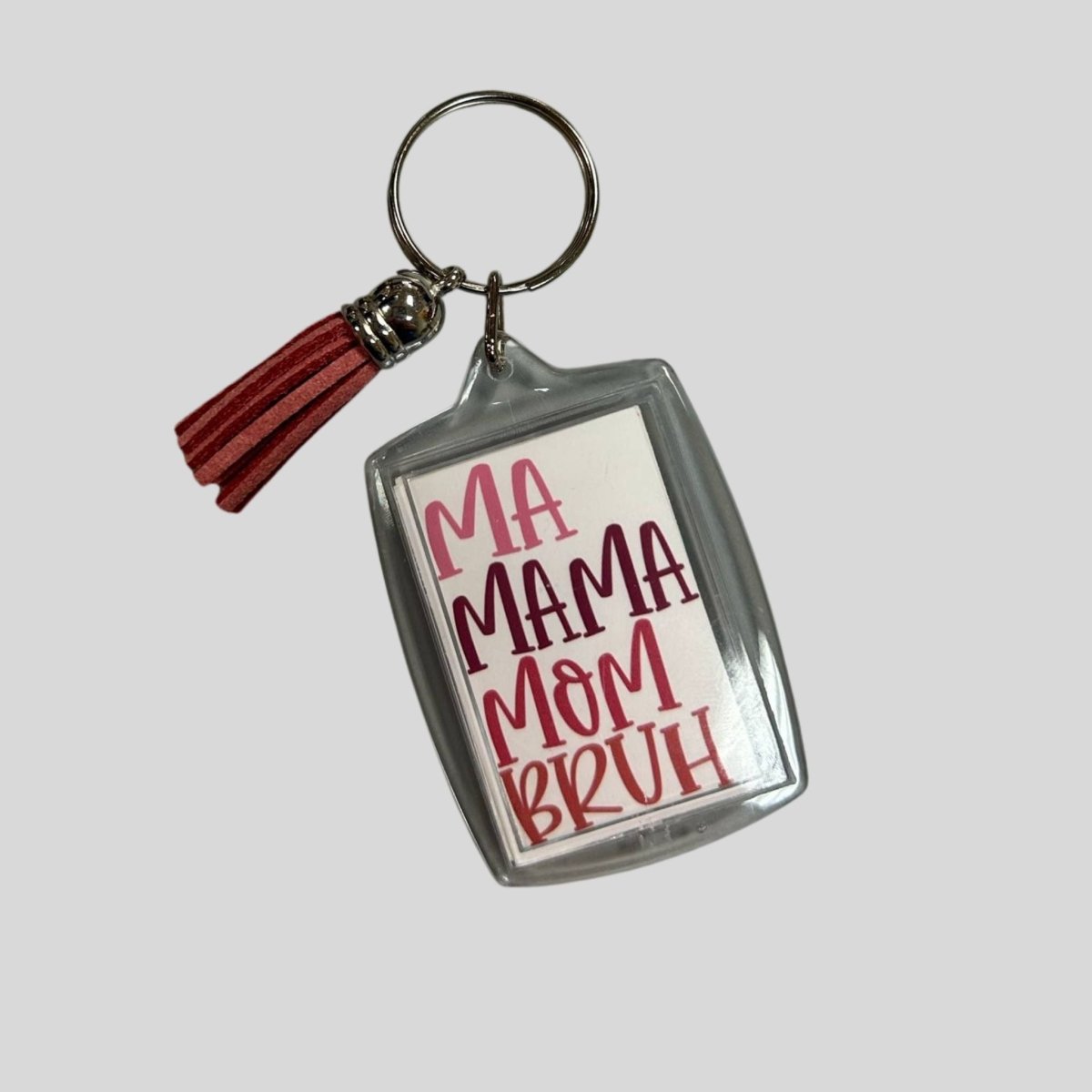 Mama Mommy Mom Bruh Keychains 2" clear double sided rectangle keychain with dusty rose tassel. - Little Gift Nook