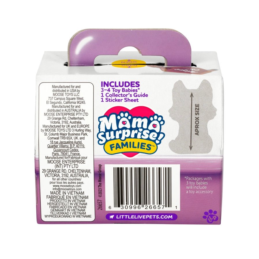 Mama Surprise! Back of cardboard package toy dog crate on a white background.