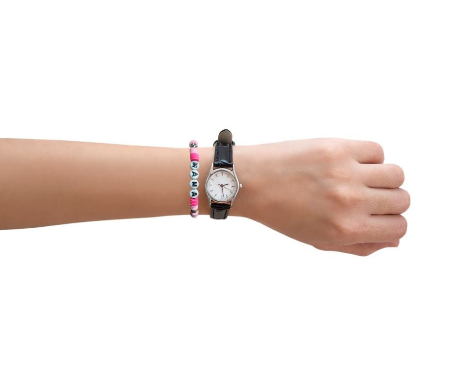 Mama Pink Beaded Bracelet - pink MAMA beaded bracelet on wrist - Little Gift Nook
