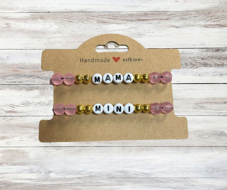 Mama and Mini Matching Beaded Bracelets - pink gold beaded matching bracelets with letter beads one bracelet spells MAMA other spells Mini - Little Gift Nook