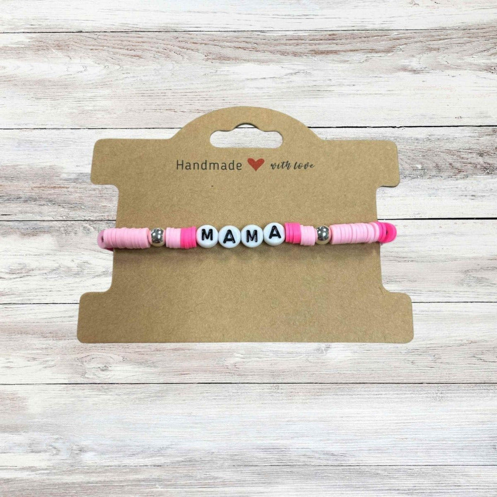 Mama Pink Beaded Bracelet light and dark pink clay beads with silver beaded accents. Spells MAMA in letter beads in front - Little Gift Nook