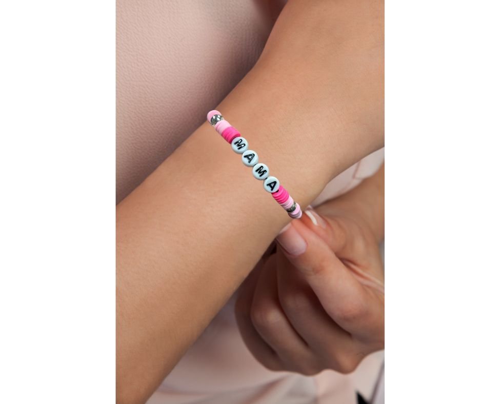 Mama Pink Beaded Bracelet - light and dark pink clay beads with silver accent beads and MAMA letter beads worn on wrist - Little Gift Nook