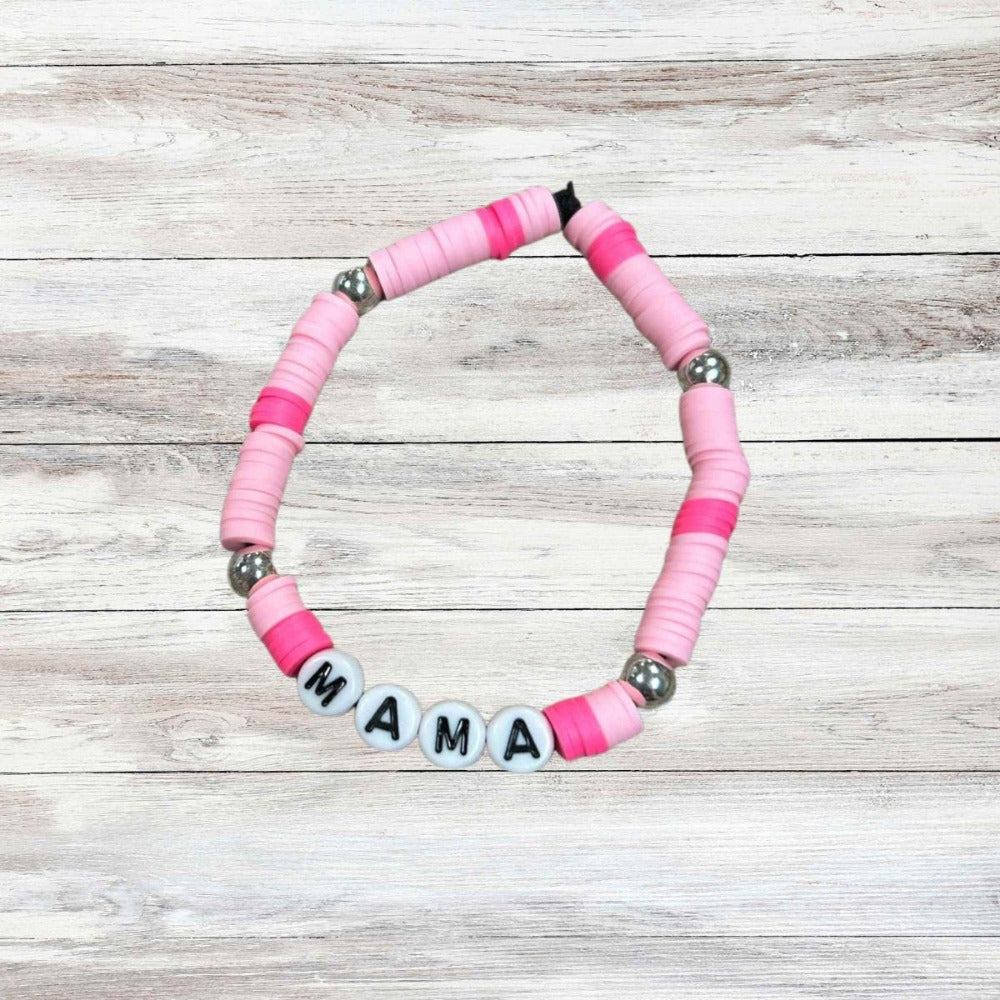 Mama Pink Beaded Bracelet - pink and silver beaded bracelet with MAMA letter beads - on white wash wood background - Little Gift Nook