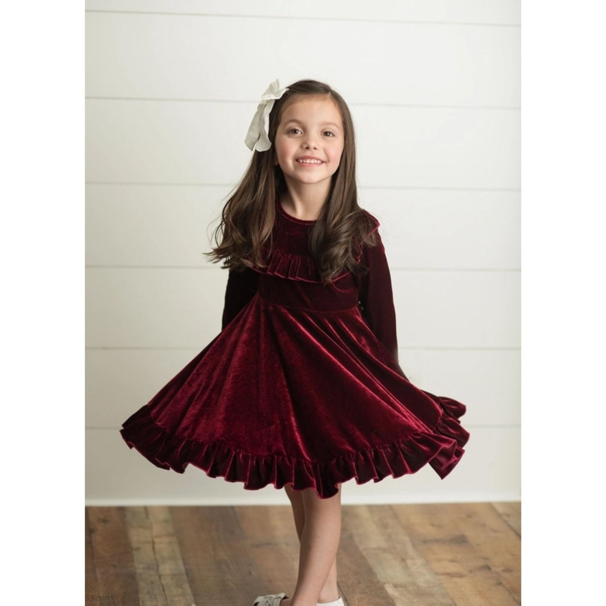 little girl twirling in velvet burgundy maroon dress - Little Gift Nook