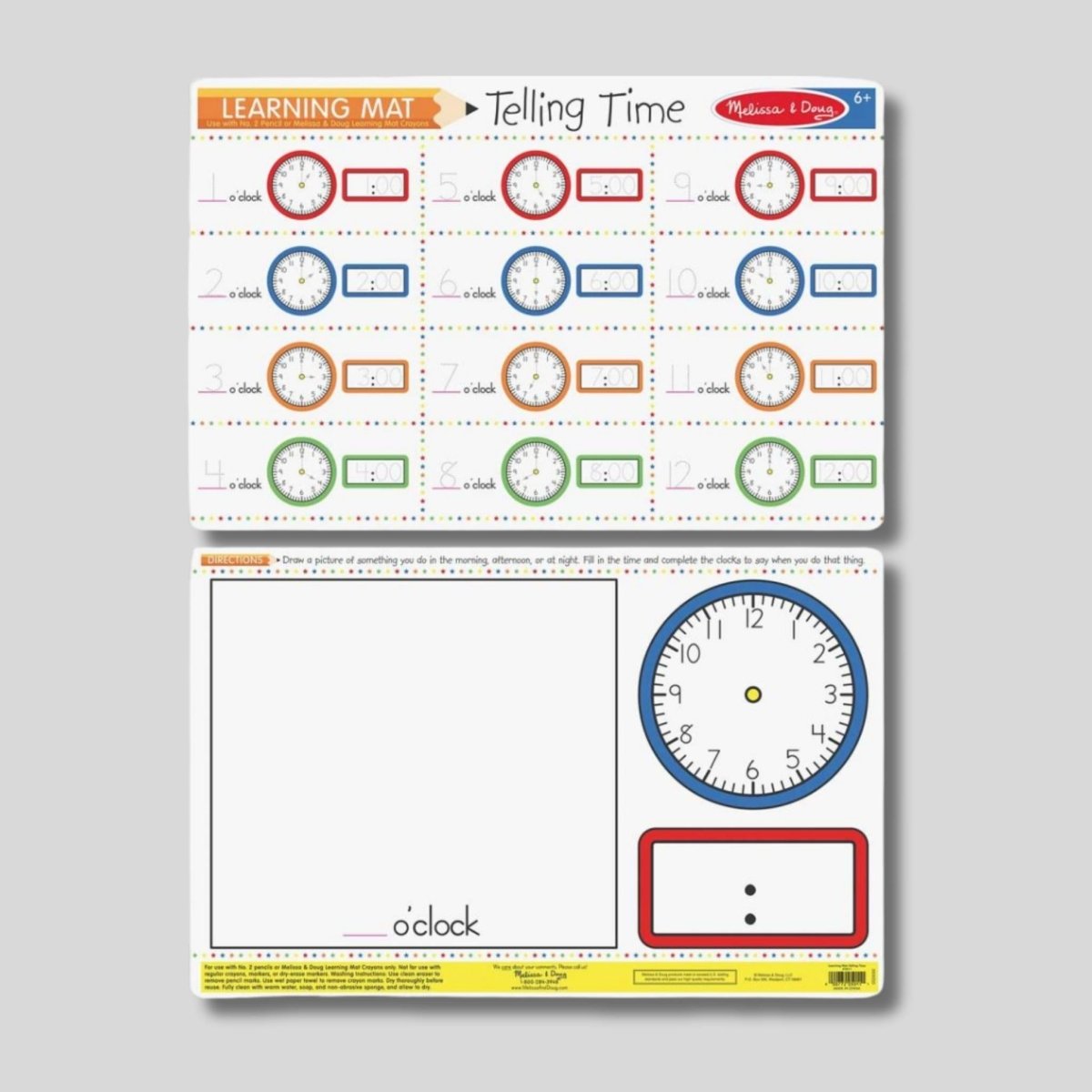 Melissa & Doug double sided wipe off telling time learning mat. Little Gift Nook