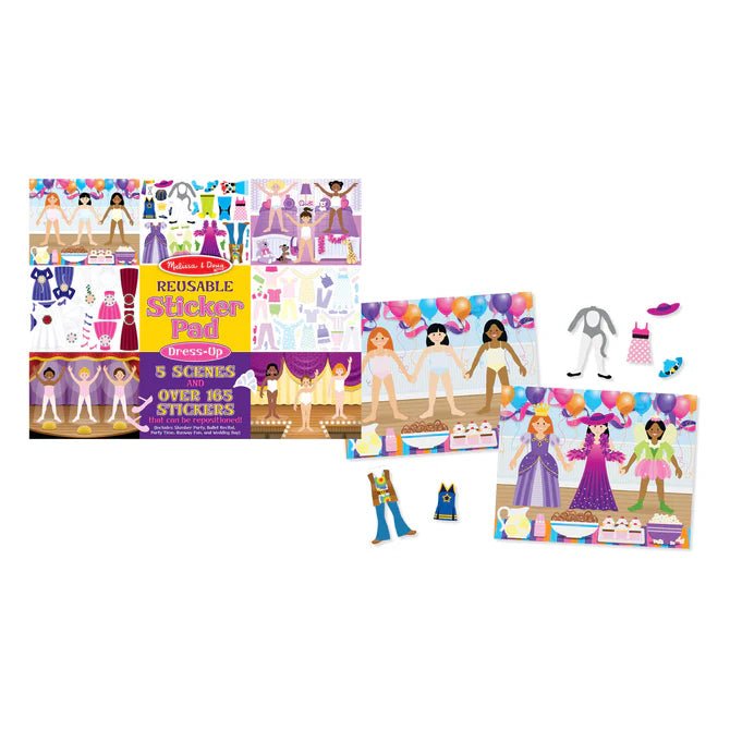 Melissa & Doug reusable dress up sticker pad with stickers on white background.