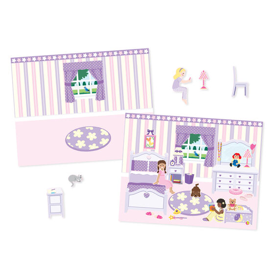 Melissa & Doug reusable sticker pad play house bedroom scene and stickers on white background.