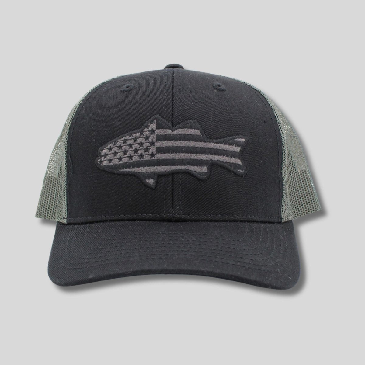 USA Flag Fish Patch Mens Hat. Black gray baseball hat with mesh sides. Embroidered USA Flag fish on front - Little Gift Nook