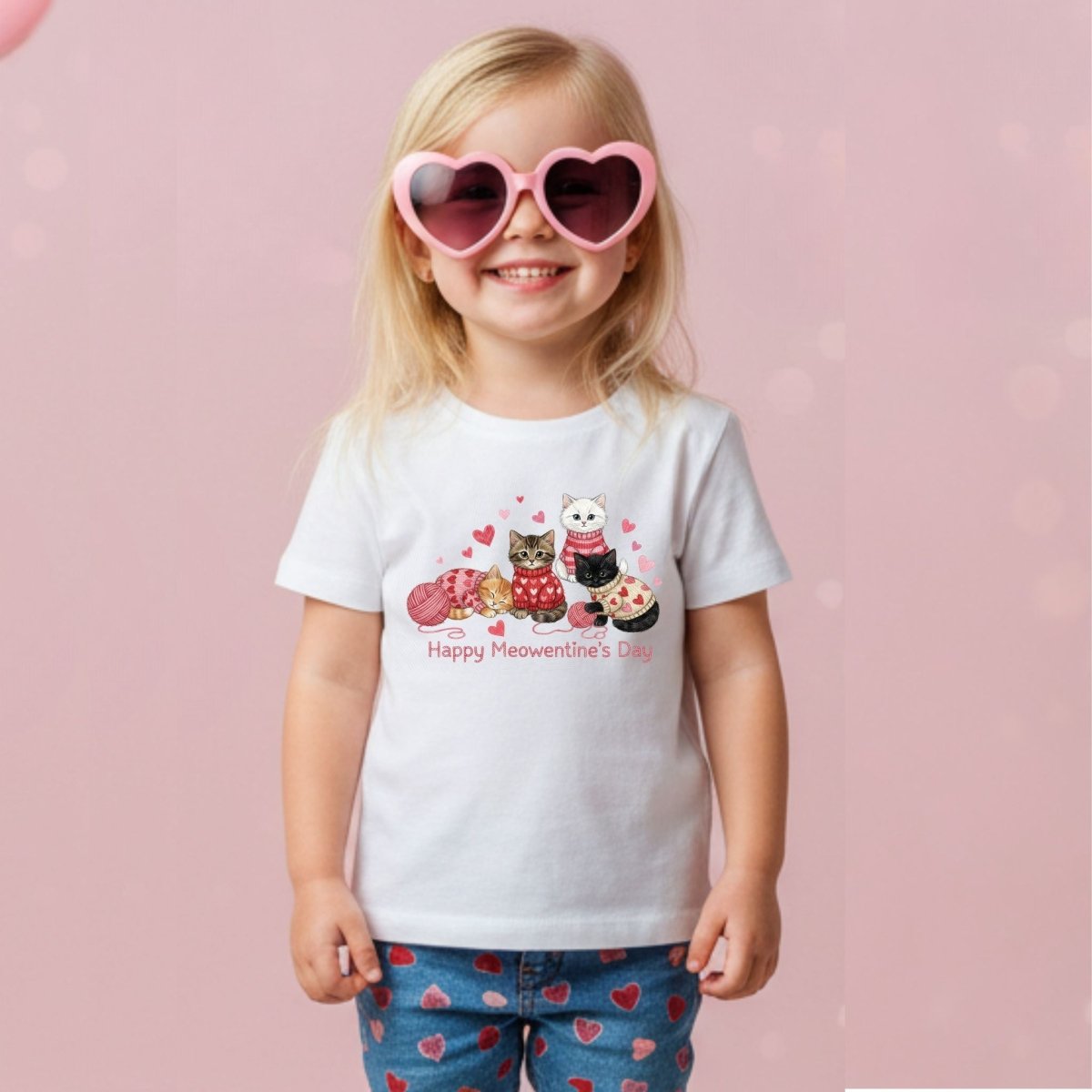 Little girl wearing white kittens valentine's t-shirt in jeans and heart sunglasses on pink background.
