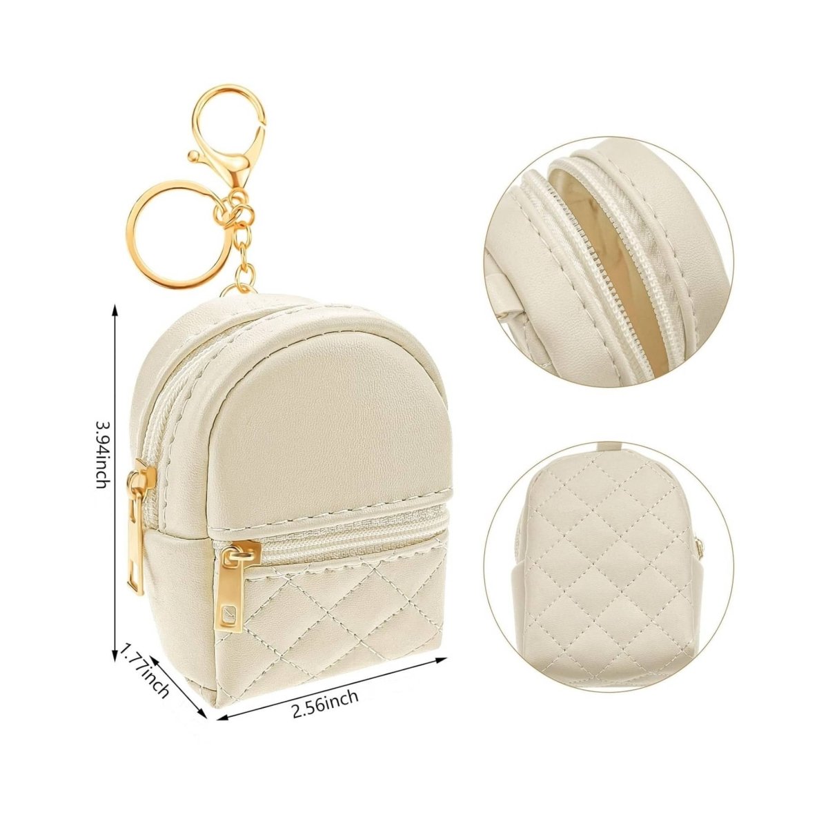 Cream quilted Mini Backpack Coin Purse Keychain with 2 pockets that open with gold zippers and gold ring, chain, and lobster clip. Measures 3.94 inches tall. Little Gift Nook.