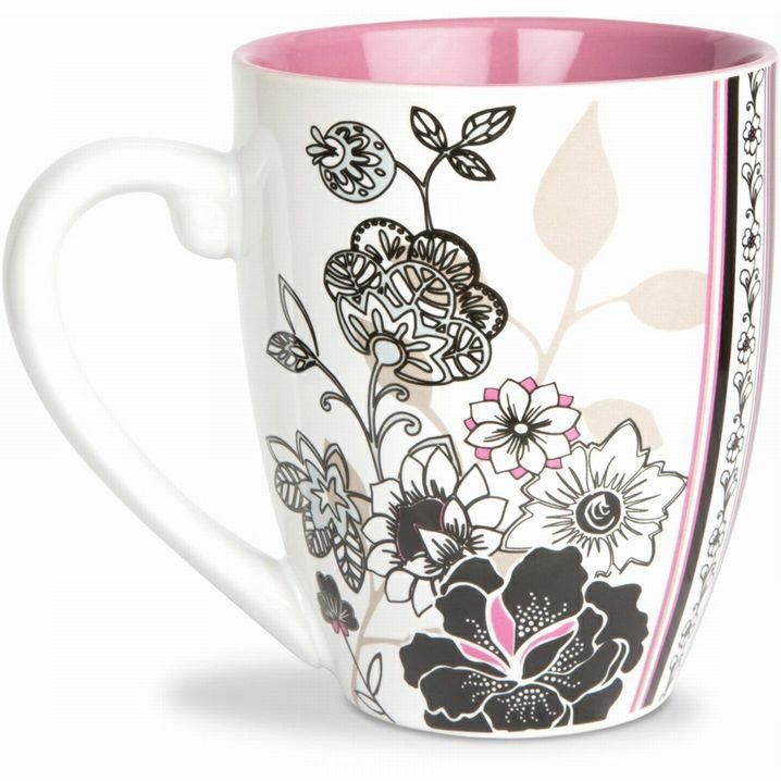 Mum 20oz white, pink, black floral coffee mug back.