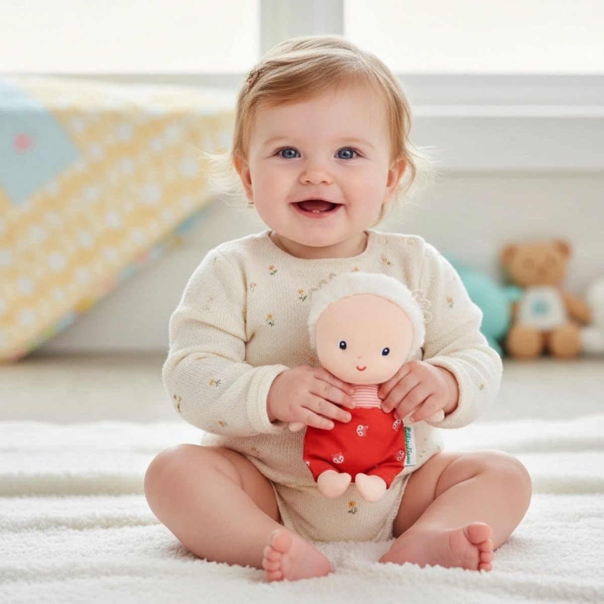 Baby holding and smiling My first baby doll Mila by Janod.
