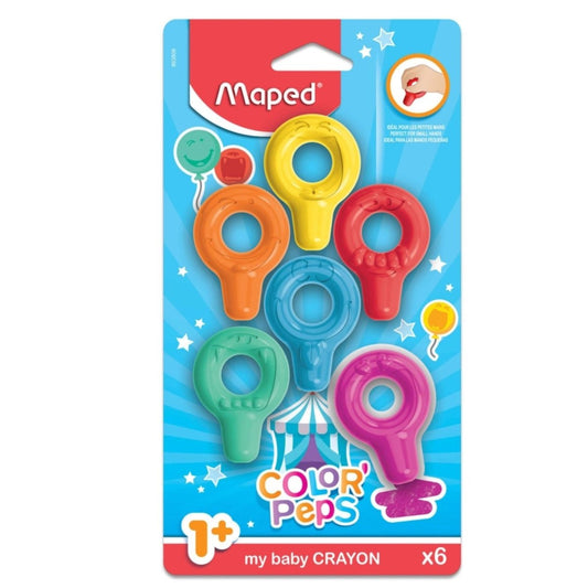 My First Crayons Set of 6 Easy-Grip Ring Crayons for Toddlers in blue package sitting on white background.